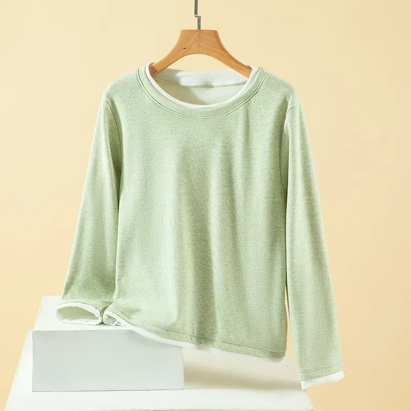 Undershirt Crew Neck - 女性プラスサイズフェイクツーピースクルーネックドラロンサーマルトップス秋冬フリース長袖アンダーシャツ S 4XL