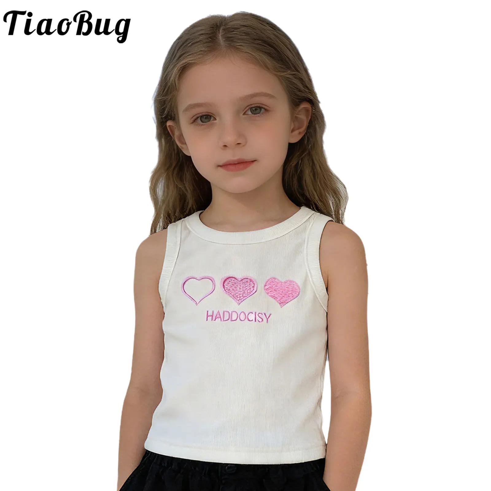 Tank Top Ribbed - キッズガールズジムフィットネスエクササイズベストハート刺繍リブベストラウンドネックノースリーブタンクトップスポーツワークアウトヨガランニング用