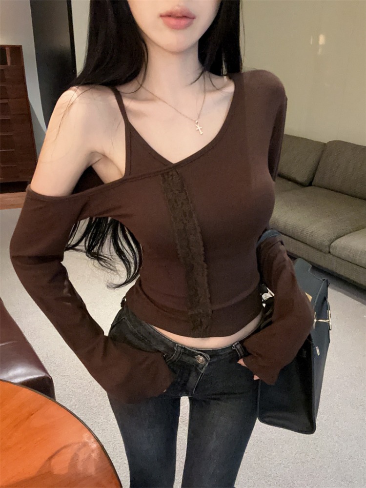 Sleeveless Undershirt - 女性のレースアンダーシャツノースリーブ長袖Tシャツ秋冬純粋な欲望セクシーなワンショルダーベースレイヤーインナーウェアトップ