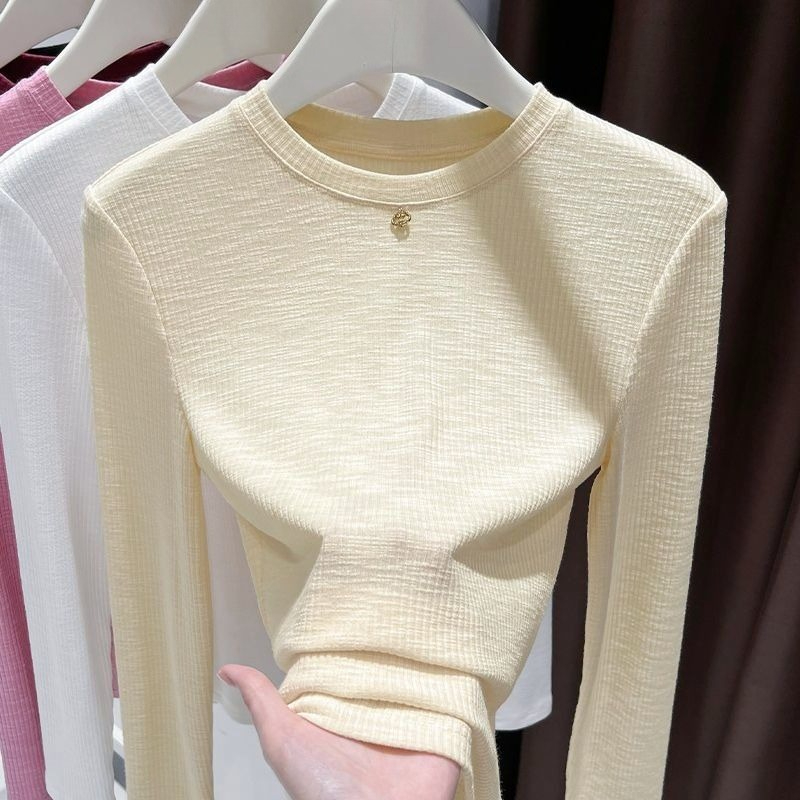 Undershirt Crew Neck - 女性用スラブコットン長袖Tシャツ、クルーネック、スリムフィット、ニットベースレイヤートップ、多用途カジュアルサーマルアンダーシャツ