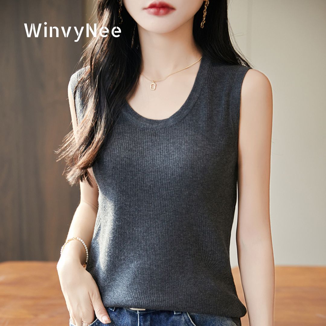 Tank Top Ribbed - WinvyNee 女性ディープクルーネック梳毛ウールリブスリムフィット春秋クラシック肌に優しい痩身ベーシックタンクトップ C1757027