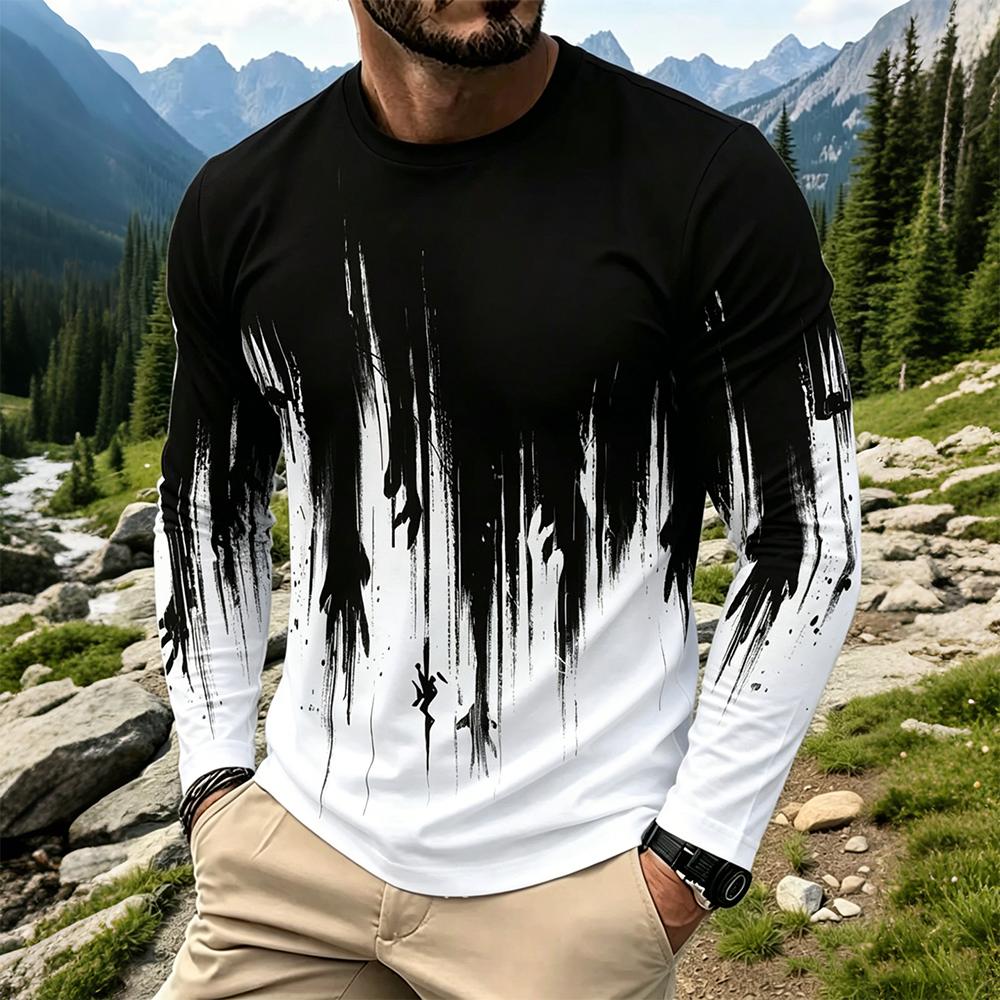 Base Layer Top - メンズグラデーションインクスプラッシュ長袖Tシャツカジュアルストリートウェアクルーネックトップス新作ファッション通気性プリントベースレイヤーシャツ