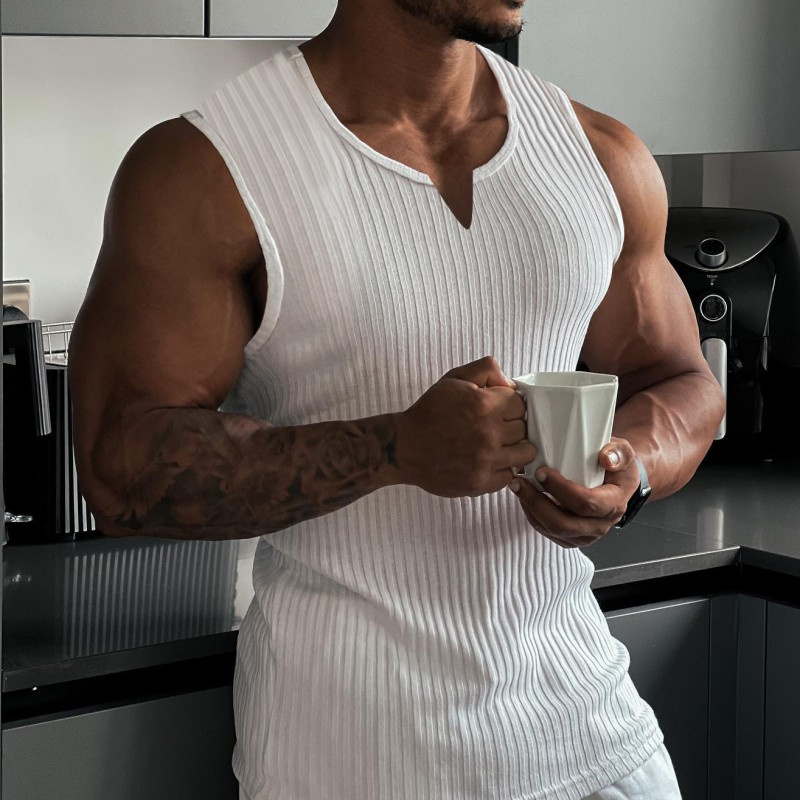 夏の新メンズ V ネックベストストライプジムタンクトップ男性 - Undershirt Crew Neck のレビューと価格