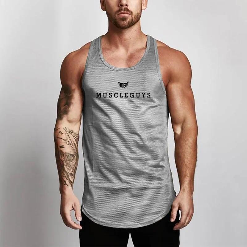 夏の男性用新作メッシュ速乾Oネックプリント入りスリムフィット - Sleeveless Undershirt のレビューと価格