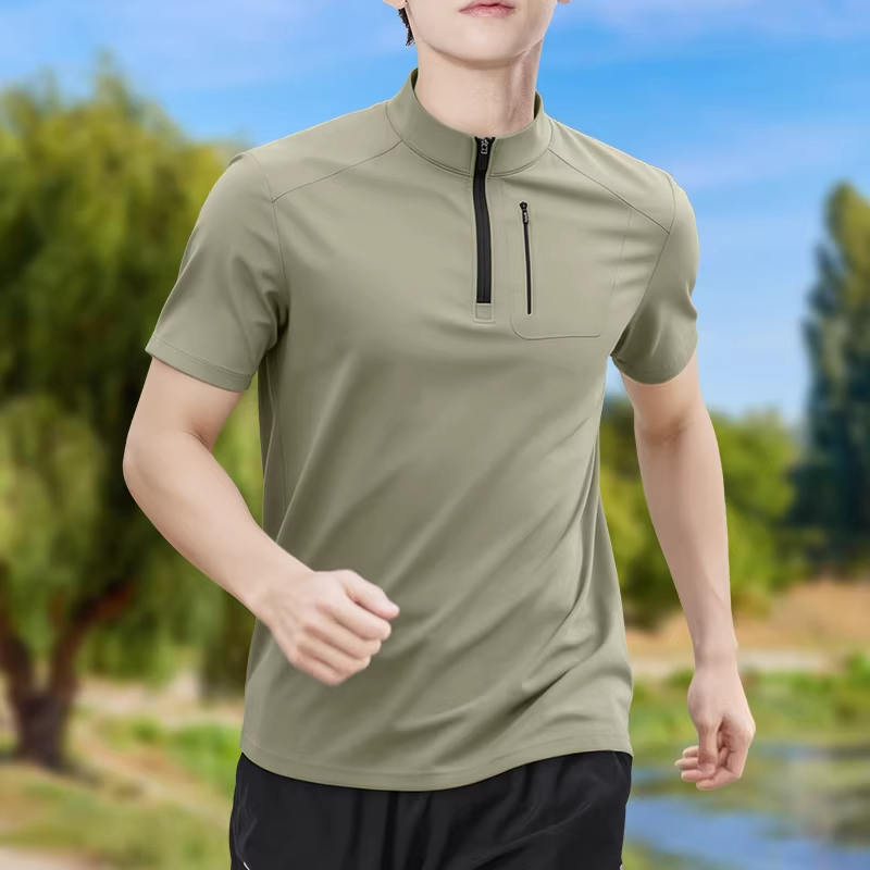 メンズハーフジップ高伸縮速乾半袖Tシャツ通気性アウトドアスポ - T Shirt Tight Fit のレビューと価格